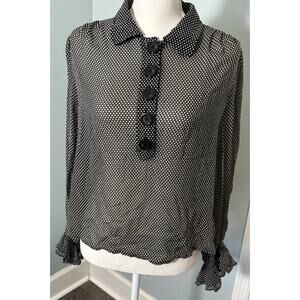 Nygard Collection BLK 1/4 Button Sheer Blouse Polka Dots, Ruffles, Silk, 14